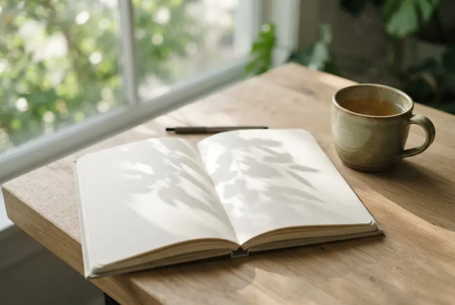 Caderno aberto com sombras suaves de folhas